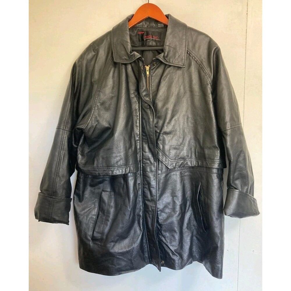 Phase Two Leather Jacket Mens L Black‎ Button Front Coat Biker Motorcycle